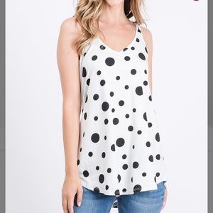 White & Black Polka Dot V-Neck Tank, M